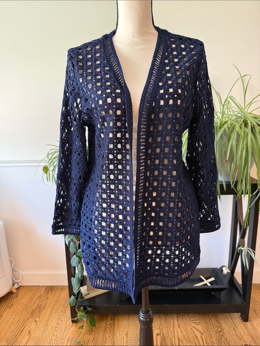 Chico’s Open-Weave Navy Crochet Cardigan